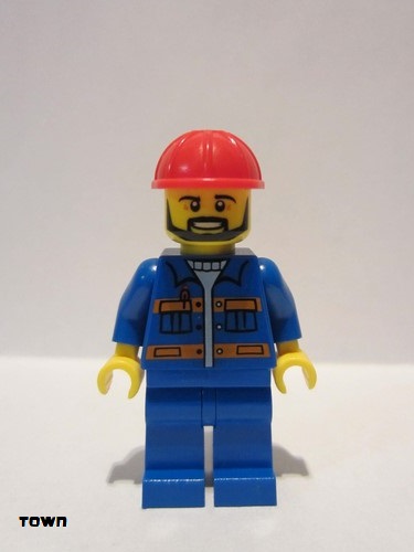 lego 2017 mini figurine con012 Citizen Blue Jacket with Pockets and Orange Stripes, Blue Legs, Red Construction Helmet, Black Angular Beard 