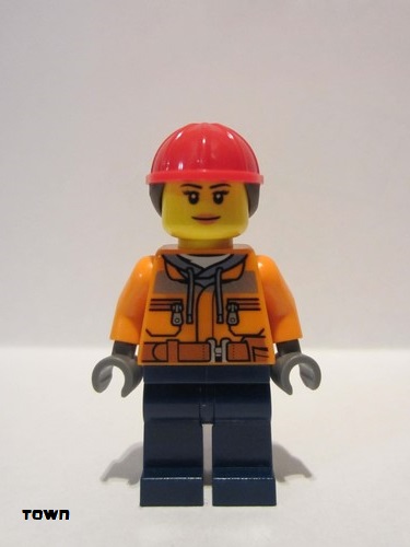 lego 2017 mini figurine cty0700 Construction Worker Chest Pocket Zippers, Belt over Dark Gray Hoodie, Red Construction Helmet with Long Hair, Peach Lips 