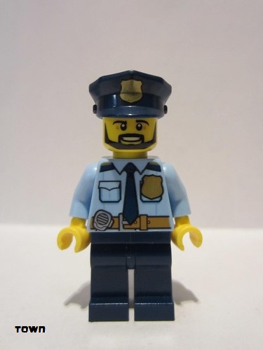 lego 2017 mini figurine cty0708 Police - City Shirt with Dark Blue Tie and Gold Badge, Dark Tan Belt with Radio, Dark Blue Legs, Police Hat with Gold Badge, Head Beard Black Angular 