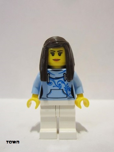 lego 2017 mini figurine cty0710 Pizza Van Customer Female, Bright Light Blue Hoodie with Swirl Flower Pattern, Dark Brown Hair 