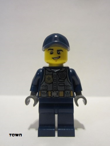 lego 2017 mini figurine cty0734 Police - City Officer With Dark Bluish Gray Vest with Badge and Radio, Dark Blue Legs, Dark Blue Cap 
