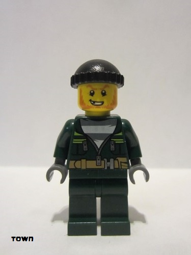 lego 2017 mini figurine cty0735 Police - City Bandit Male with Dark Green Zip Jacket, Dark Green Legs, Black Knit Cap 