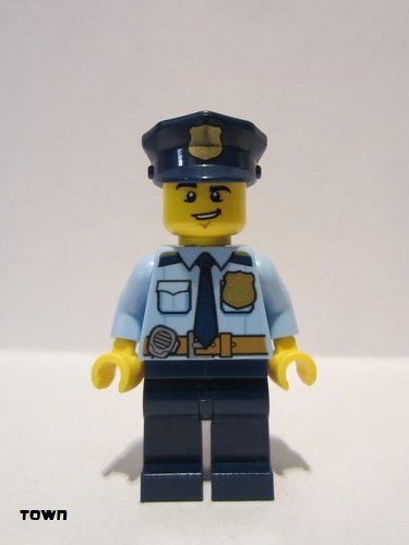 lego 2017 mini figurine cty0743 Police - City Shirt with Dark Blue Tie and Gold Badge, Dark Tan Belt with Radio, Dark Blue Legs, Police Hat with Gold Badge, Lopsided Grin 