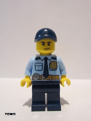 lego 2017 mini figurine cty0748 Police - City Shirt with Dark Blue Tie and Gold Badge, Dark Tan Belt with Radio, Dark Blue Legs, Dark Blue Cap with Hole 