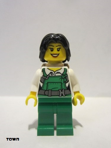 lego 2017 mini figurine cty0755 Police - City Bandit Female with Green Overalls, Black Mid-Length Tousled Hair, Backpack, Peach Lips Open Mouth Smile 