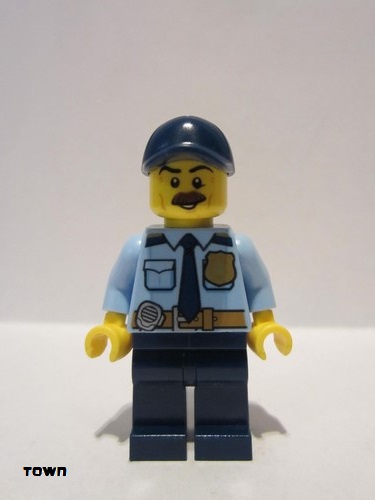 lego 2017 mini figurine cty0756 Police - City Shirt with Dark Blue Tie and Gold Badge, Dark Tan Belt with Radio, Dark Blue Legs, Dark Blue Cap with Hole, Brown Bushy Moustache 