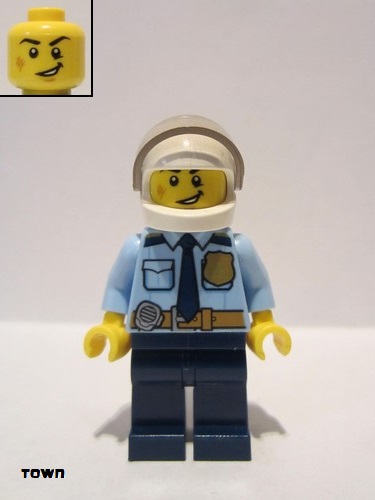 lego 2017 mini figurine cty0772 Police - City Officer Shirt with Dark Blue Tie and Gold Badge, Dark Tan Belt with Radio, Dark Blue Legs, White Helmet 