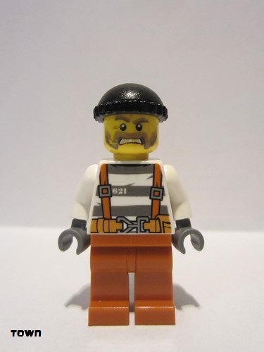 lego 2017 mini figurine cty0773 Police - Jail Prisoner Overalls 621 Prison Stripes, Dark Orange Legs, Black Knit Cap, Beard 