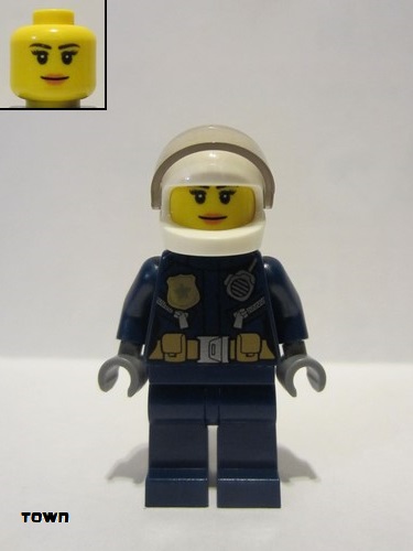 lego 2017 mini figurine cty0774 Police - City Helicopter Pilot Female, Leather Jacket with Gold Badge and Utility Belt, Dark Blue Legs, White Helmet, Peach Lips Slight Smile 