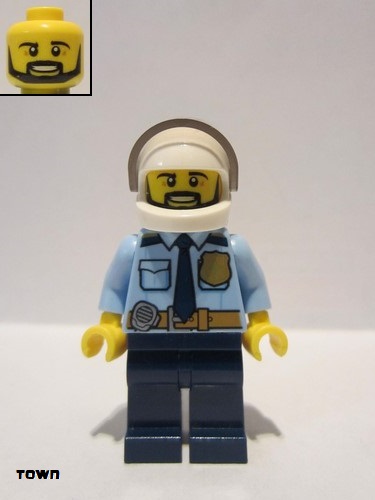 lego 2017 mini figurine cty0776 Police - City Officer Shirt with Dark Blue Tie and Gold Badge, Dark Tan Belt with Radio, Dark Blue Legs, White Helmet, Black Beard 