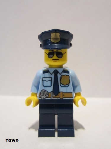 lego 2017 mini figurine cty0778 Police - City Officer Shirt with Dark Blue Tie and Gold Badge, Dark Tan Belt with Radio, Dark Blue Legs, Police Hat with Gold Badge, Sunglasses 