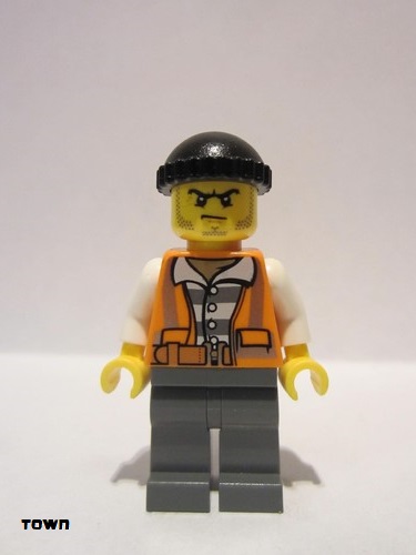 lego 2017 mini figurine cty0779 Police - City Bandit Crook Orange Vest, Dark Bluish Gray Legs, Black Knit Cap, Beard Stubble and Scowl 