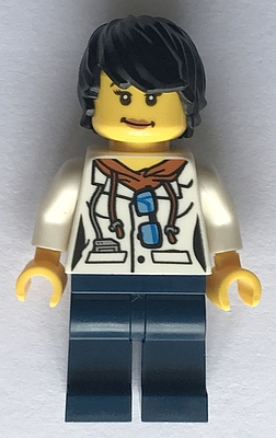 lego 2017 mini figurine cty0814 City Jungle Scientist Female - White Lab Coat with Sunglasses, Dark Blue Legs, Black Tousled Hair 