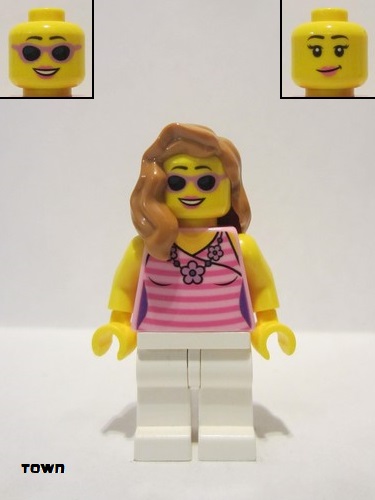 lego 2017 mini figurine twn284 Citizen Dark Pink Striped Top, White Legs, Medium Nougat Female Hair over Shoulder 