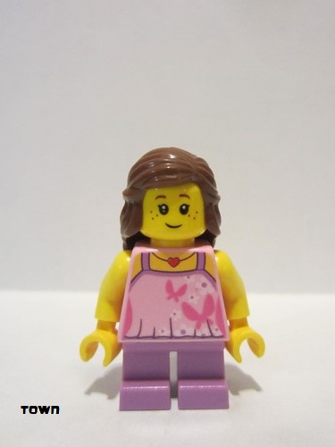 lego 2017 mini figurine twn297 Girl Bright Pink Top with Butterflies and Flowers, Medium Lavender Short Legs, Reddish Brown Female Hair Mid-Length 