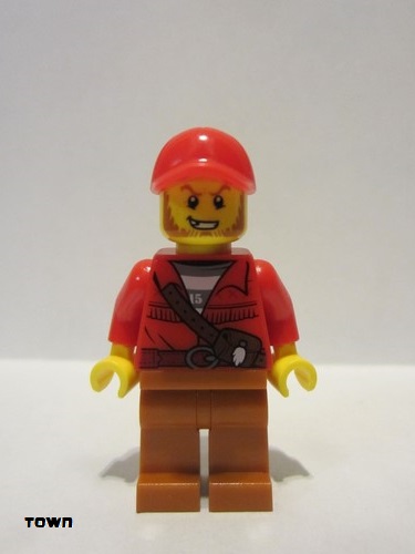 lego 2018 mini figurine cty0831 Mountain Police - Crook Male with Red Fringed Shirt with Strap and Pouch, Red Cap 