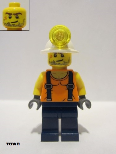 lego 2018 mini figurine cty0846 Miner Shirt with Straps, Dark Blue Legs, Mining Helmet, Stubble and Scar 