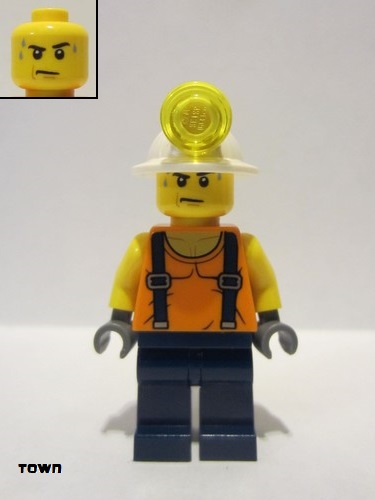 lego 2018 mini figurine cty0847 Miner Shirt with Straps, Dark Blue Legs, Mining Helmet, Sweat Drops 