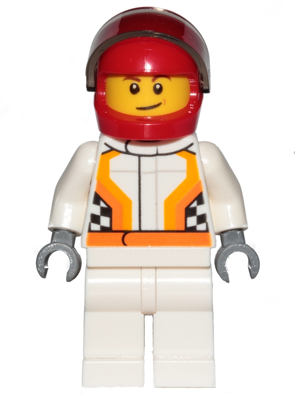 lego 2018 mini figurine cty0874 Race Car Driver White Race Suit with Orange Stripes and Checkered Pattern, Red Helmet, Crooked Smile with Brown Dimple 
