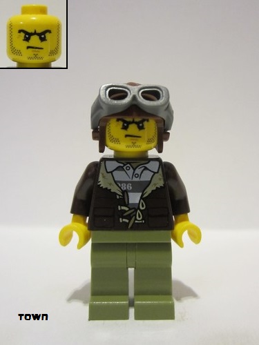 lego 2018 mini figurine cty0879 Mountain Police - Crook Male with Lined Jacket over Prisoner Shirt, Aviator Cap with Goggles 