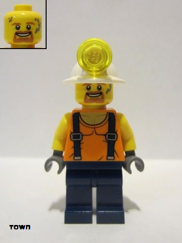 lego 2018 mini figurine cty0884 Miner Shirt with Straps, Dark Blue Legs, Mining Helmet, Goatee and Moustache 