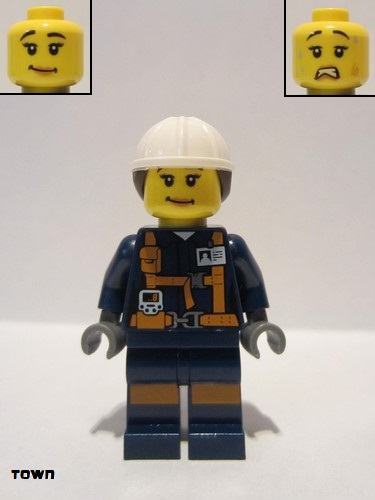 lego 2018 mini figurine cty0885 Miner - Explosives Engineer Female With Dual Sided Head 
