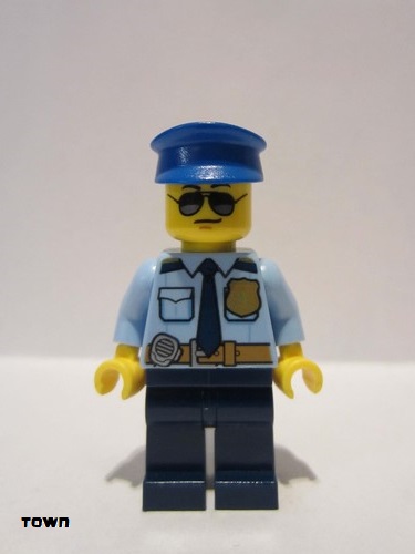 lego 2018 mini figurine cty0888 Police - City Officer Shirt with Dark Blue Tie and Gold Badge, Dark Tan Belt with Radio, Dark Blue Legs, Police Hat, Sunglasses 