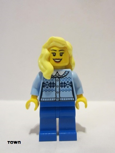 lego 2018 mini figurine cty0892 Citizen Fair Isle Sweater, Bright Light Yellow Female Hair over Shoulder, Blue Legs 