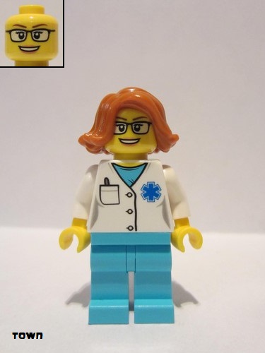 lego 2018 mini figurine cty0900 Doctor EMT Star of Life, Medium Azure Legs, Dark Orange Female Hair Short Swept Sideways, Glasses 
