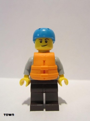 lego 2018 mini figurine cty0914 Rafter Adult Son, Dark Azure Sports Helmet, Orange 2 Strap Life Jacket 