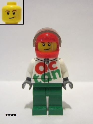 lego 2018 mini figurine cty0922 Race Car Driver White Octan Race Suit with Silver Zipper, Red Helmet with Trans-Black Visor, Lopsided Smile 