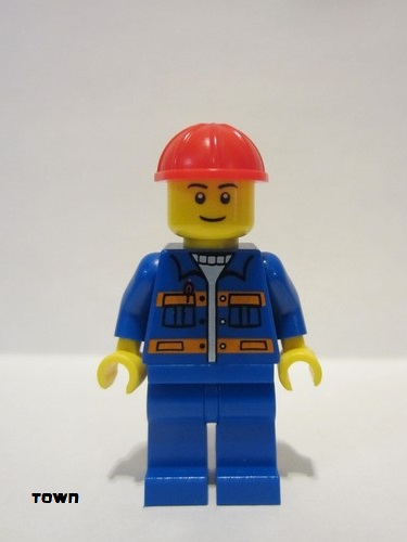 lego 2018 mini figurine cty0925 Citizen Blue Jacket with Pockets and Orange Stripes, Blue Legs, Red Construction Helmet, Thin Grin 