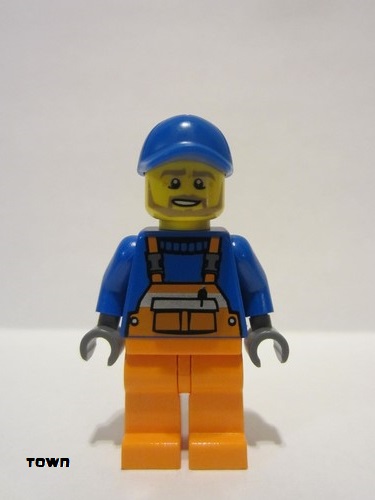 lego 2018 mini figurine cty0945 Citizen Overalls with Safety Stripe Orange, Orange Legs, Blue Short Bill Cap, Dark Tan Angular Beard 