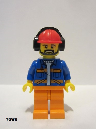lego 2018 mini figurine cty0949 Airport Flagman Red Helmet with Earmuffs, Blue Jacket with Orange Stripes and Legs 