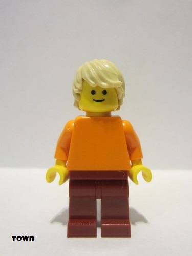lego 2018 mini figurine pln183 Citizen Plain Orange Torso with Orange Arms, Dark Red Legs, Tan Tousled Hair 