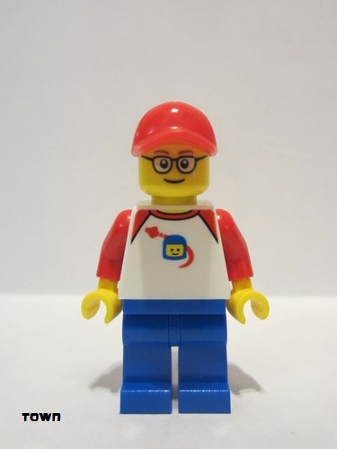 lego 2018 mini figurine trn247 Man Classic Space Shirt with Red Sleeves, Blue Legs, Red Cap 