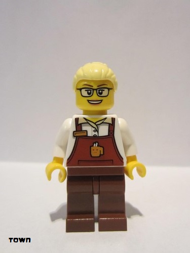 lego 2018 mini figurine trn249 Citizen Female with Reddish Brown Apron with Cup and Name Tag Pattern, Bright Light Yellow Hair Female Large High Bun, Glasses 