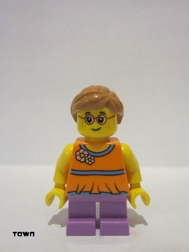 lego 2018 mini figurine twn337 Girl With Orange Top and Medium Lavender Legs 