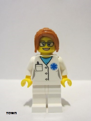 lego 2018 mini figurine twn344 Doctor EMT Star of Life, White Legs, Dark Orange Hair Ponytail Long with Side Bangs, Glasses 