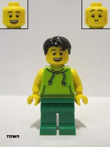lego 2018 mini figurine twn351 Citizen Male with Black Hair, Lime Sleeveless Hoodie, Green Legs (Ludo Green) 
