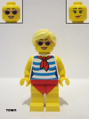 lego 2018 mini figurine twn352 Citizen Female with Blond Hair, Medium Lavender Sunglasses, Red Scarf, Blue Striped Shirt, Red Swimsuit (Yellow Ludo) 