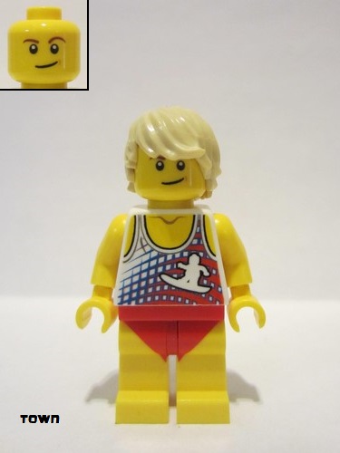 lego 2018 mini figurine twn353 Citizen Male with Tan Hair, Tank Top with White Surfur Logo, Red Swimsuit (Ludo Yellow) 