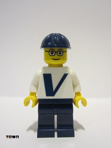 lego 2018 mini figurine twn365 Citizen Male with Vestas Logo on Torso, Dark Blue Legs, Dark Blue Construction Helmet, Glasses 