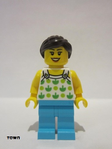 lego 2018 mini figurine twn367 Citizen Female, White Top with Green Apples and Lime Dots, Medium Azure Legs, Dark Brown Ponytail and Swept Sideways Fringe 