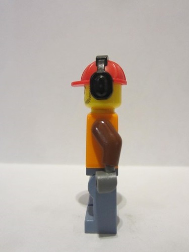lego 2019 mini figurine cty0955 Construction Worker Orange Zipper, Safety Stripes, Belt, Brown Shirt, Sand Blue Legs, Red Construction Helmet, Headphones, Slight Smile, Stubble 
