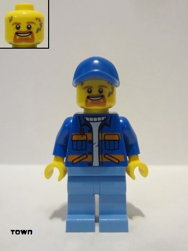 lego 2019 mini figurine cty0956 Garbage Worker Male, Blue Jacket with Diagonal Lower Pockets and Orange Stripes, Light Blue Legs, Blue Cap 