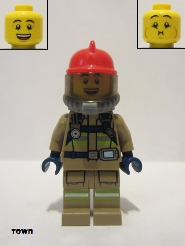 lego 2019 mini figurine cty0960 Fire Reflective Stripes, Dark Tan Suit, Red Fire Helmet, Open Mouth, Breathing Neck Gear with Blue Airtanks 