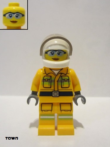 lego 2019 mini figurine cty0961 Fire Reflective Stripes, Bright Light Orange Suit, White Helmet, Safety Glasses, Peach Lips Closed Mouth Smile 