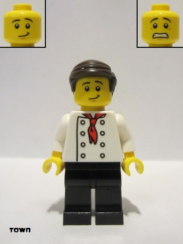 lego 2019 mini figurine cty0964a Burger Chef White Torso with 8 Buttons, No Wrinkles Front or Back, Black Legs, Dark Brown Hair 