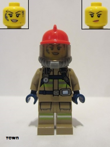 lego 2019 mini figurine cty0967 Fire Reflective Stripes, Dark Tan Suit, Red Fire Helmet, Open Mouth with Peach Lips and Dirty Face, Breathing Neck Gear with Blue Airtanks 